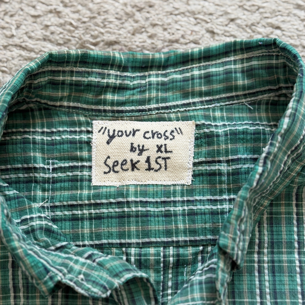 "Your Cross" Short Cropped Short Sleeve Lightweight Flannel Grid Green - XXL