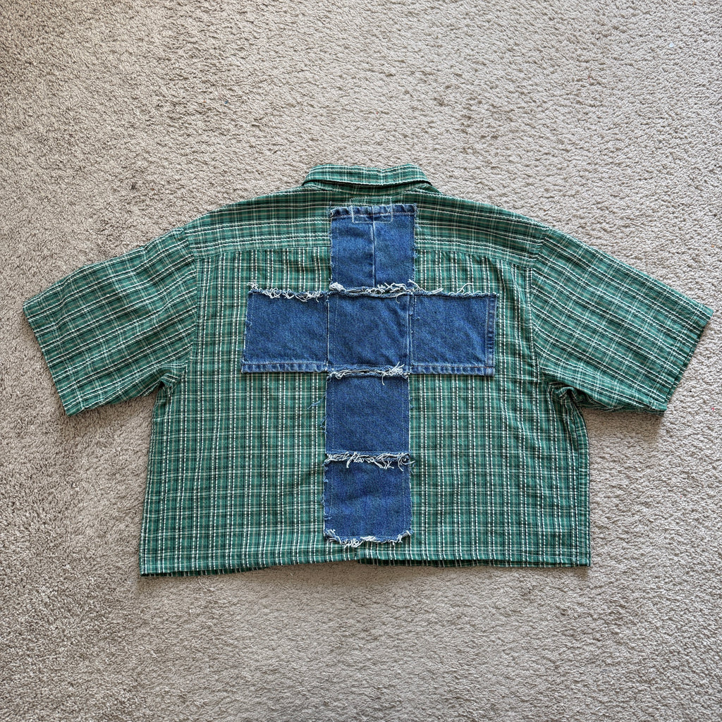 "Your Cross" Short Cropped Short Sleeve Lightweight Flannel Grid Green - XXL