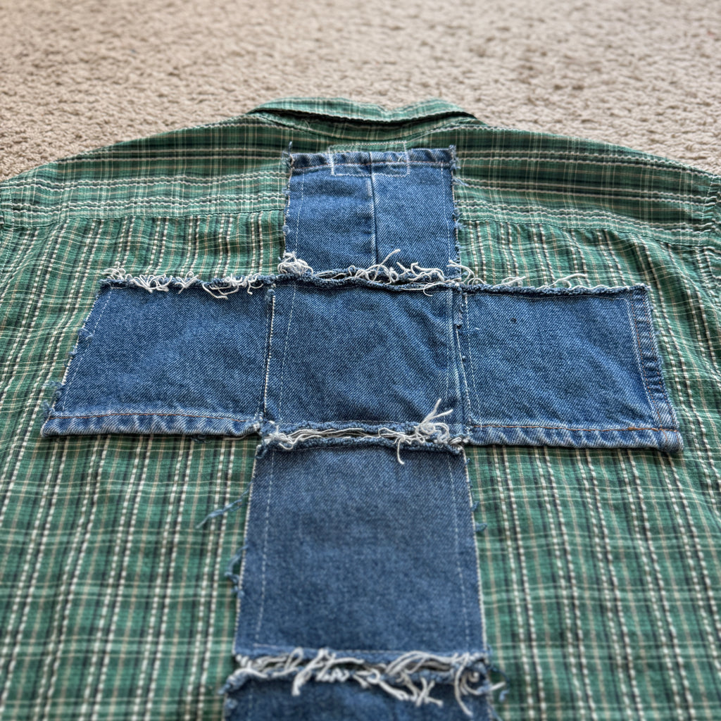 "Your Cross" Short Cropped Short Sleeve Lightweight Flannel Grid Green - XXL