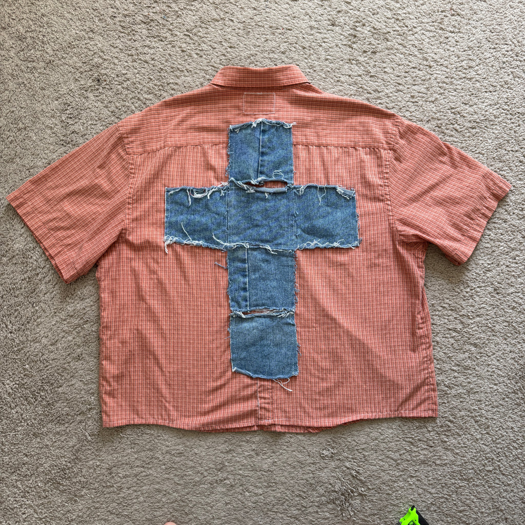 "Your Cross" Boxy Cropped Short Sleeve Lightweight Flannel Orange - XXL