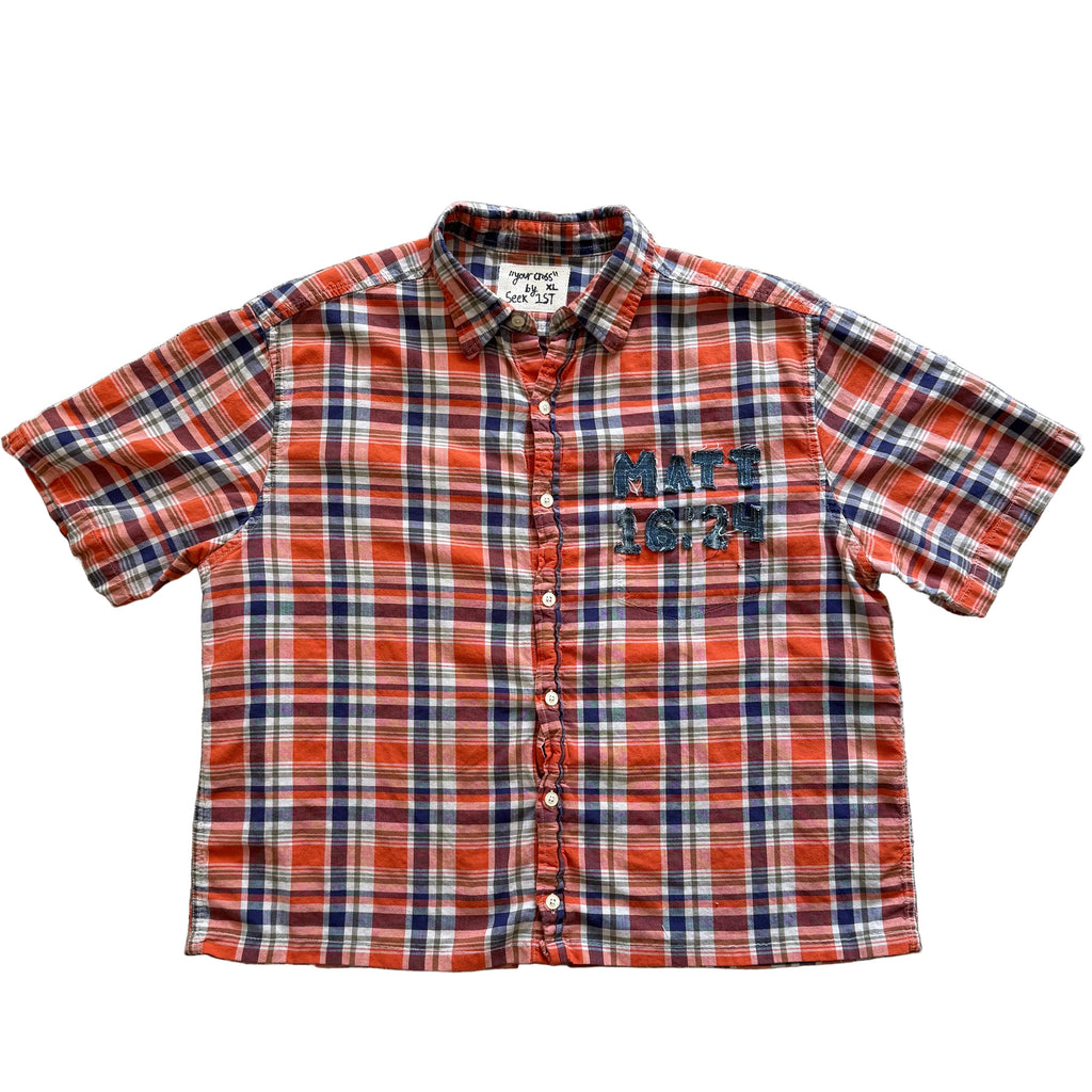 "Your Cross" Boxy Cropped Short Sleeve Lightweight Flannel Orange Plaid - XL