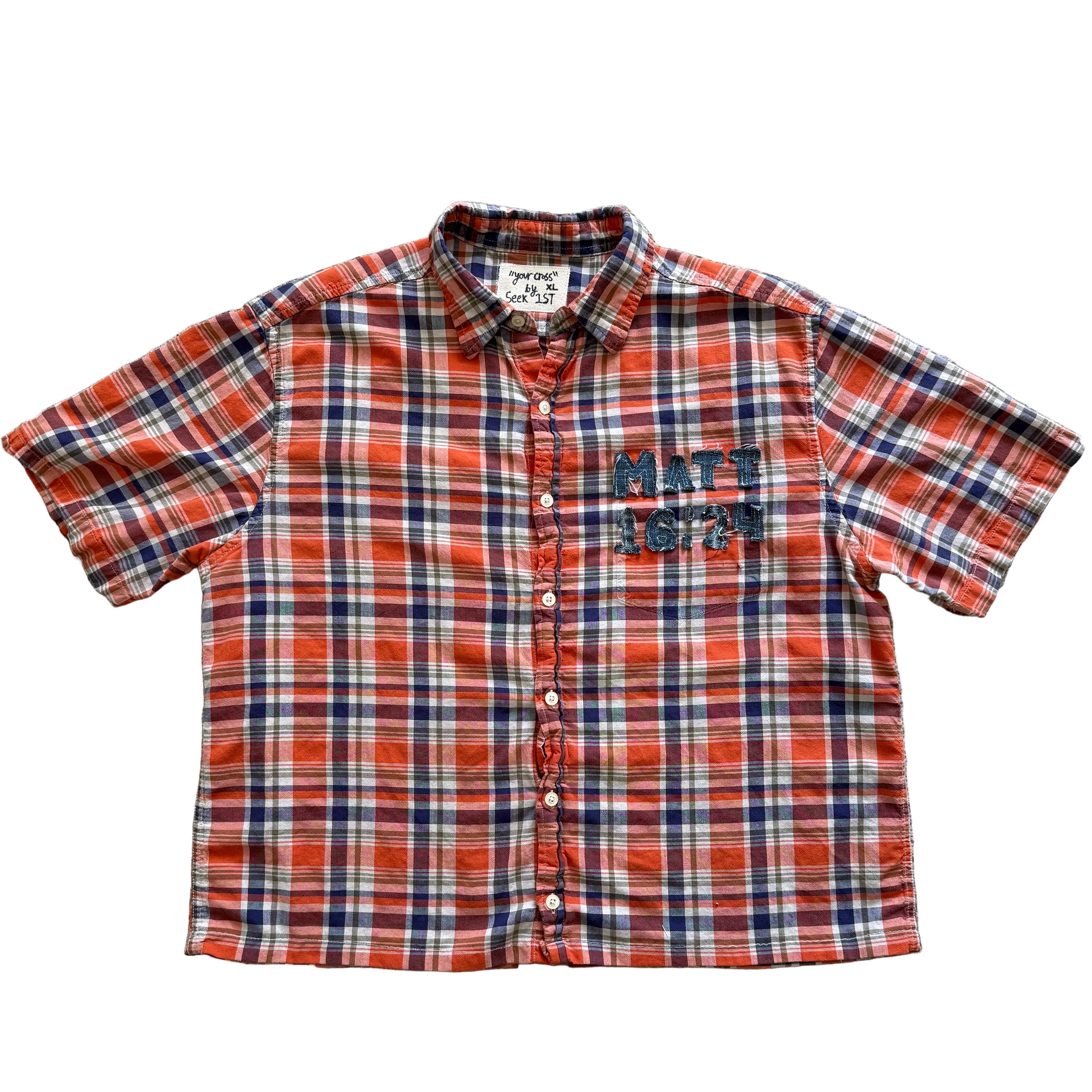 "Your Cross" Boxy Cropped Short Sleeve Lightweight Flannel Orange Plaid - XL