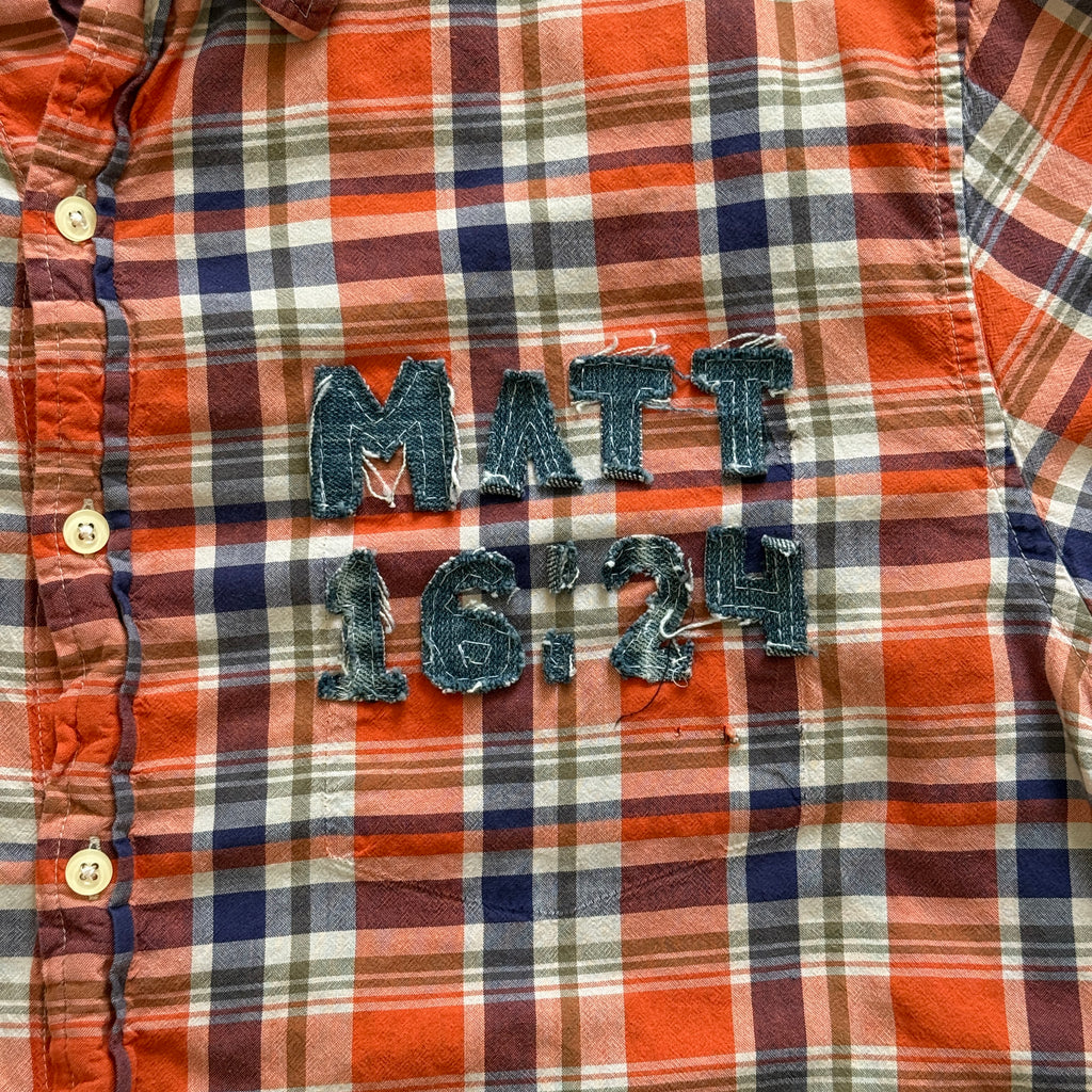 "Your Cross" Boxy Cropped Short Sleeve Lightweight Flannel Orange Plaid - XL