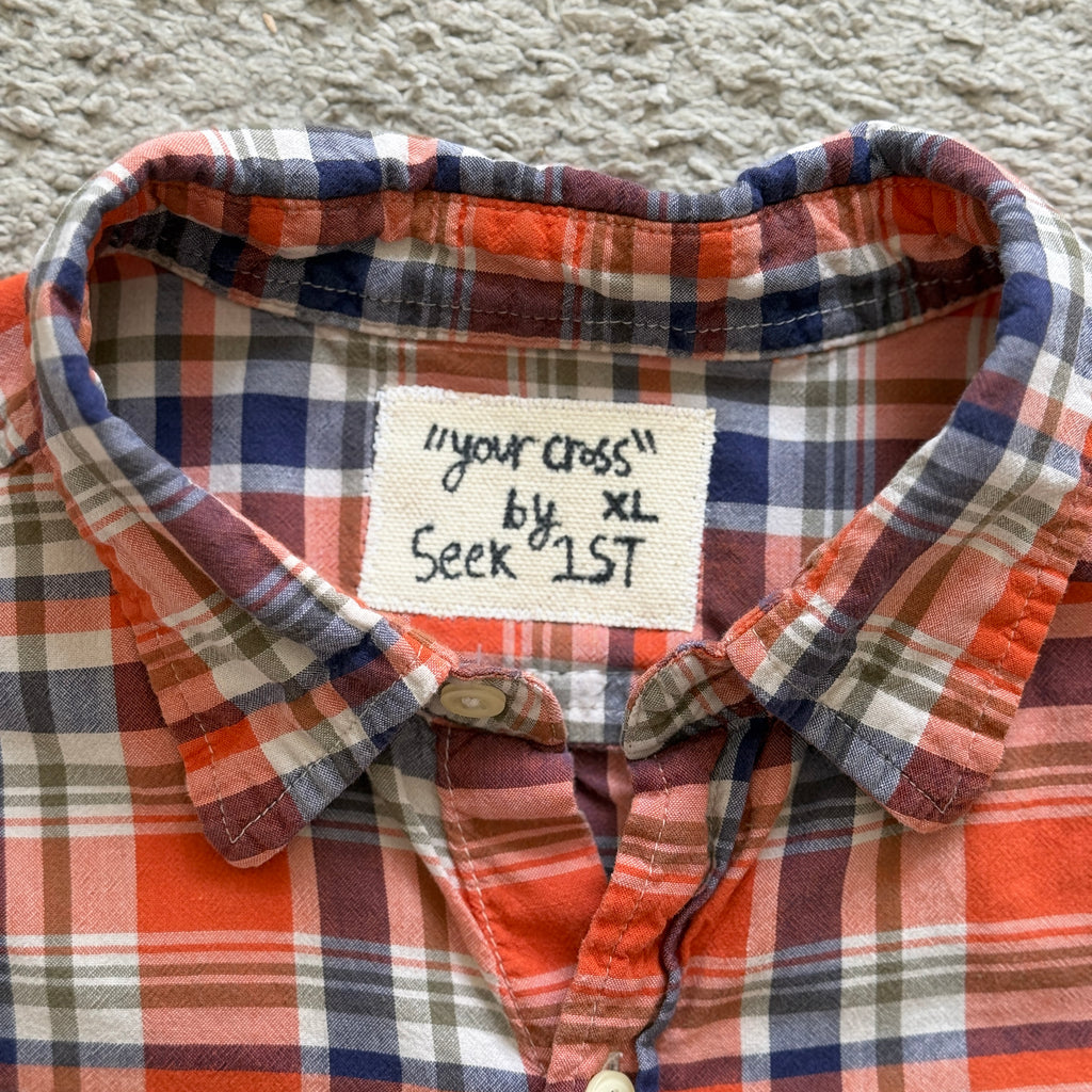 "Your Cross" Boxy Cropped Short Sleeve Lightweight Flannel Orange Plaid - XL