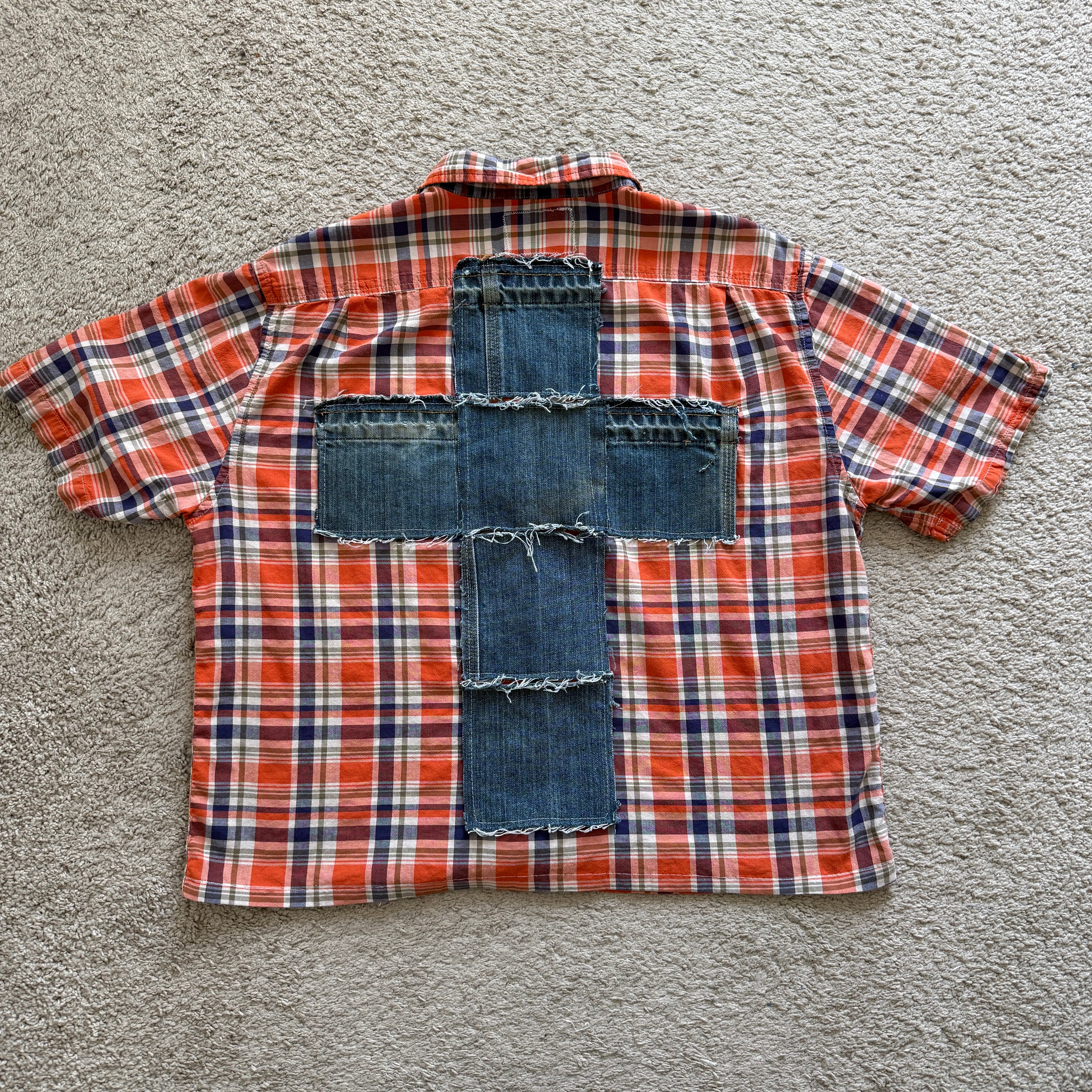 "Your Cross" Boxy Cropped Short Sleeve Lightweight Flannel Orange Plaid - XL