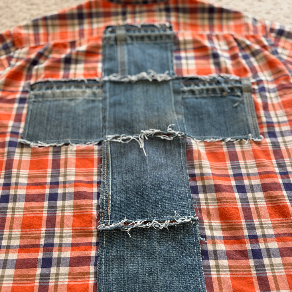 "Your Cross" Boxy Cropped Short Sleeve Lightweight Flannel Orange Plaid - XL