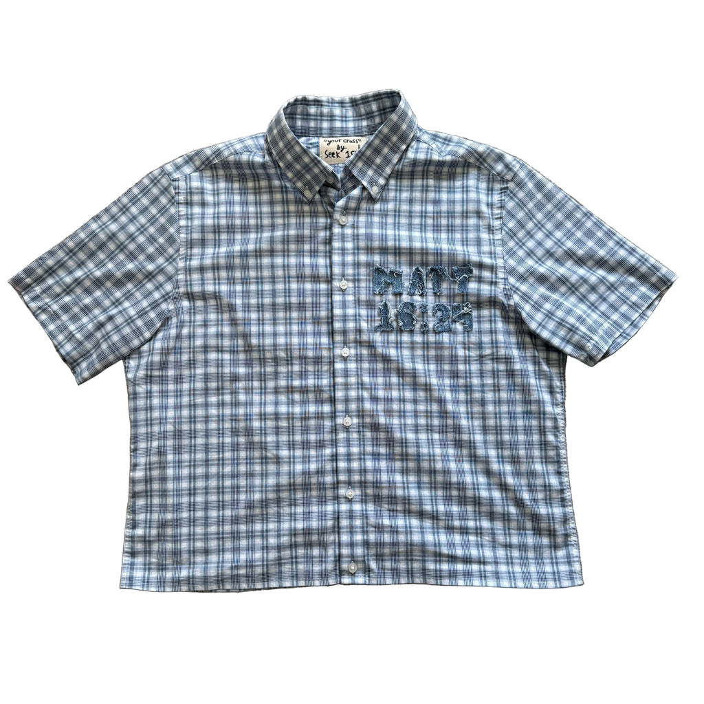 "Your Cross" Boxy Cropped Short Sleeve Lightweight Flannel Blue Plaid - L