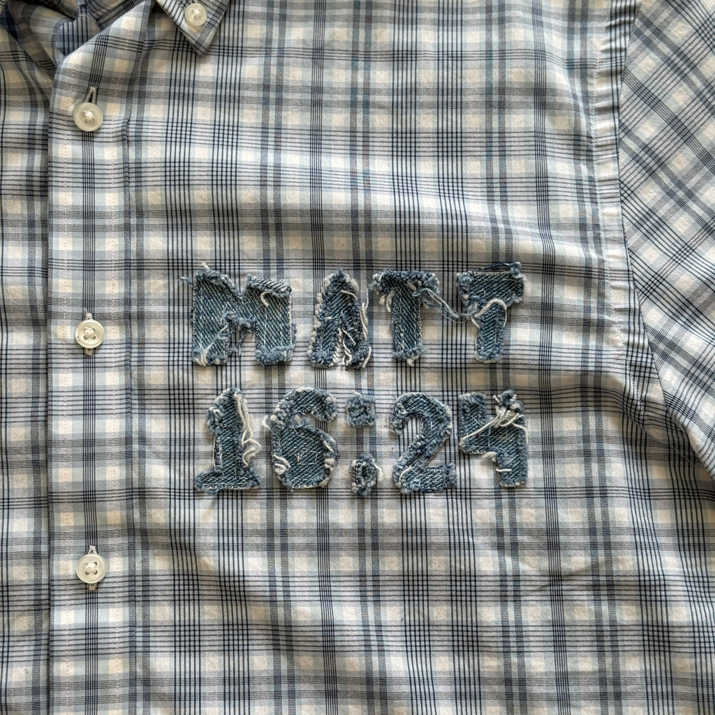 "Your Cross" Boxy Cropped Short Sleeve Lightweight Flannel Blue Plaid - L
