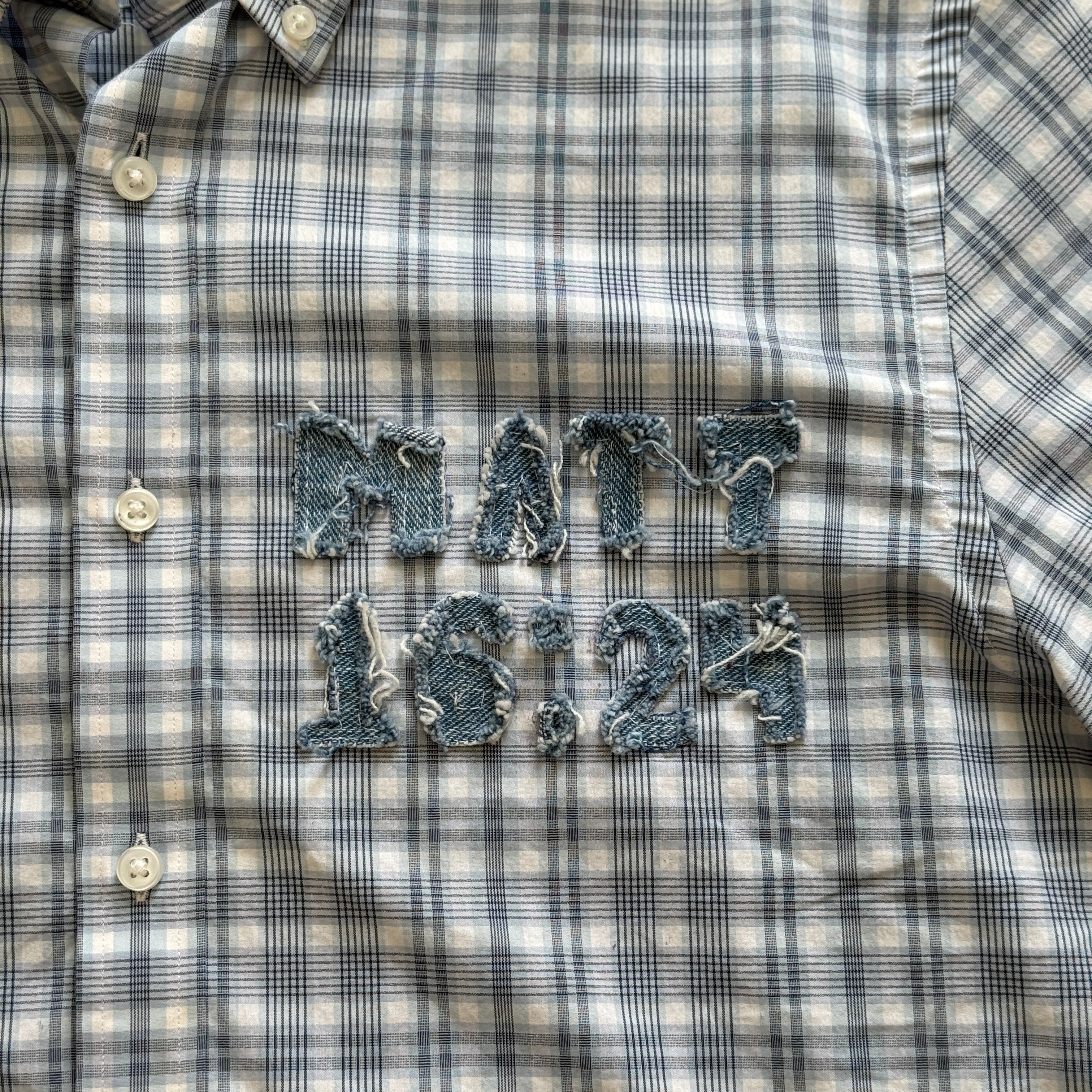 "Your Cross" Boxy Cropped Short Sleeve Lightweight Flannel Blue Plaid - L