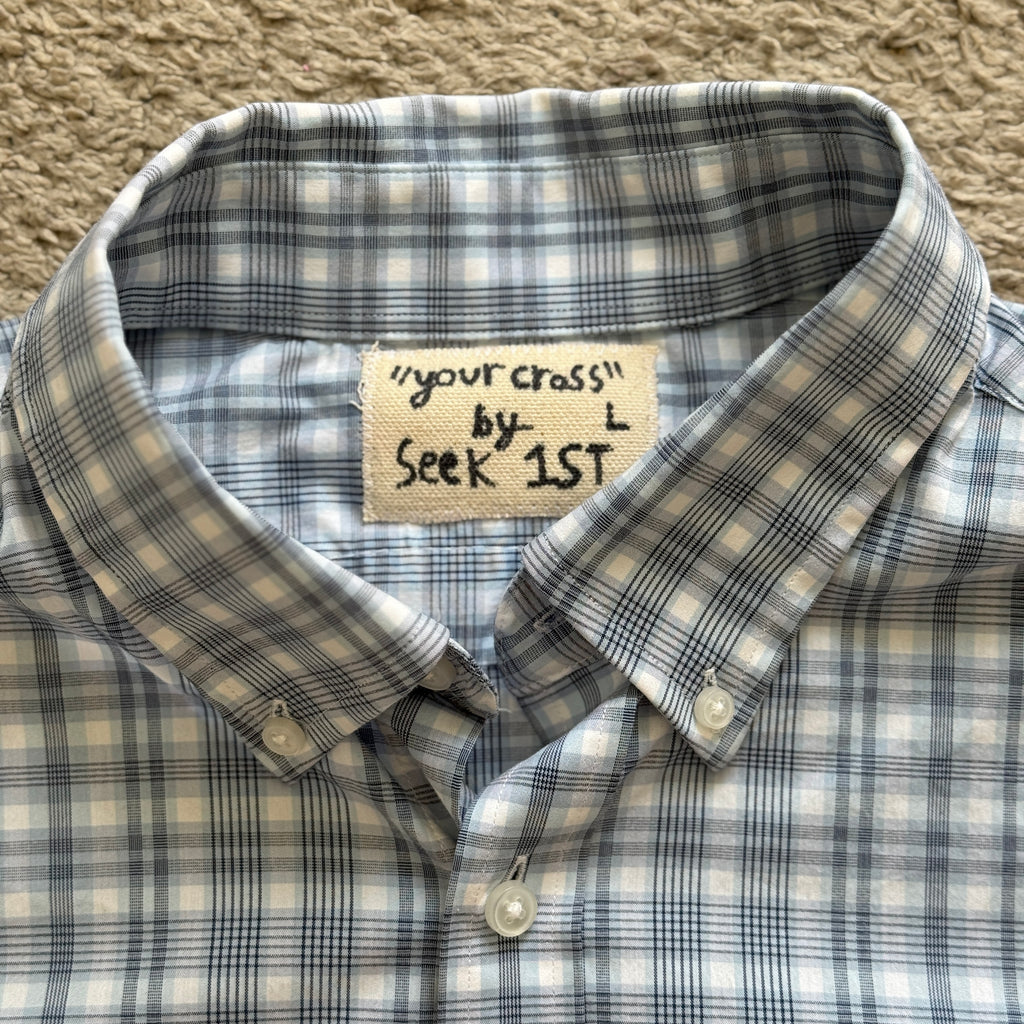 "Your Cross" Boxy Cropped Short Sleeve Lightweight Flannel Blue Plaid - L