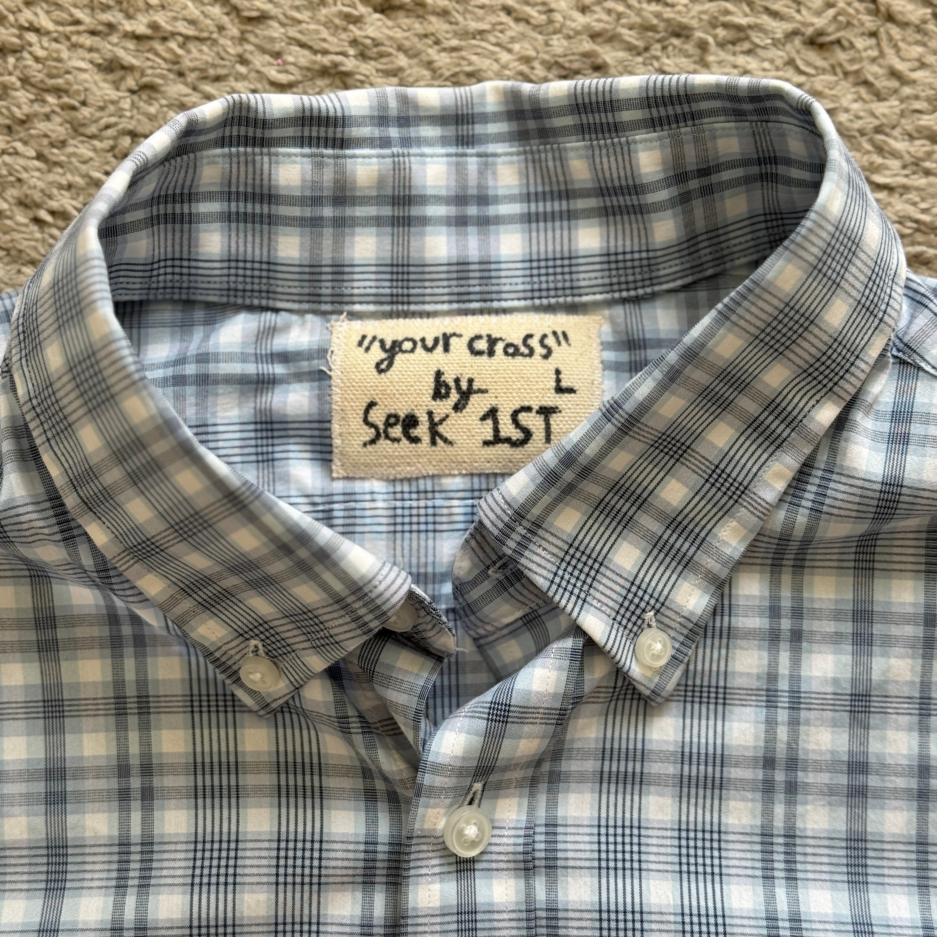 "Your Cross" Boxy Cropped Short Sleeve Lightweight Flannel Blue Plaid - L