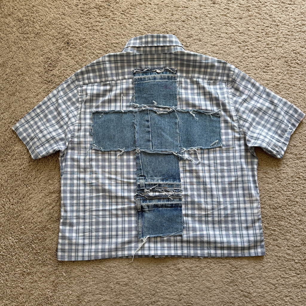 "Your Cross" Boxy Cropped Short Sleeve Lightweight Flannel Blue Plaid - L