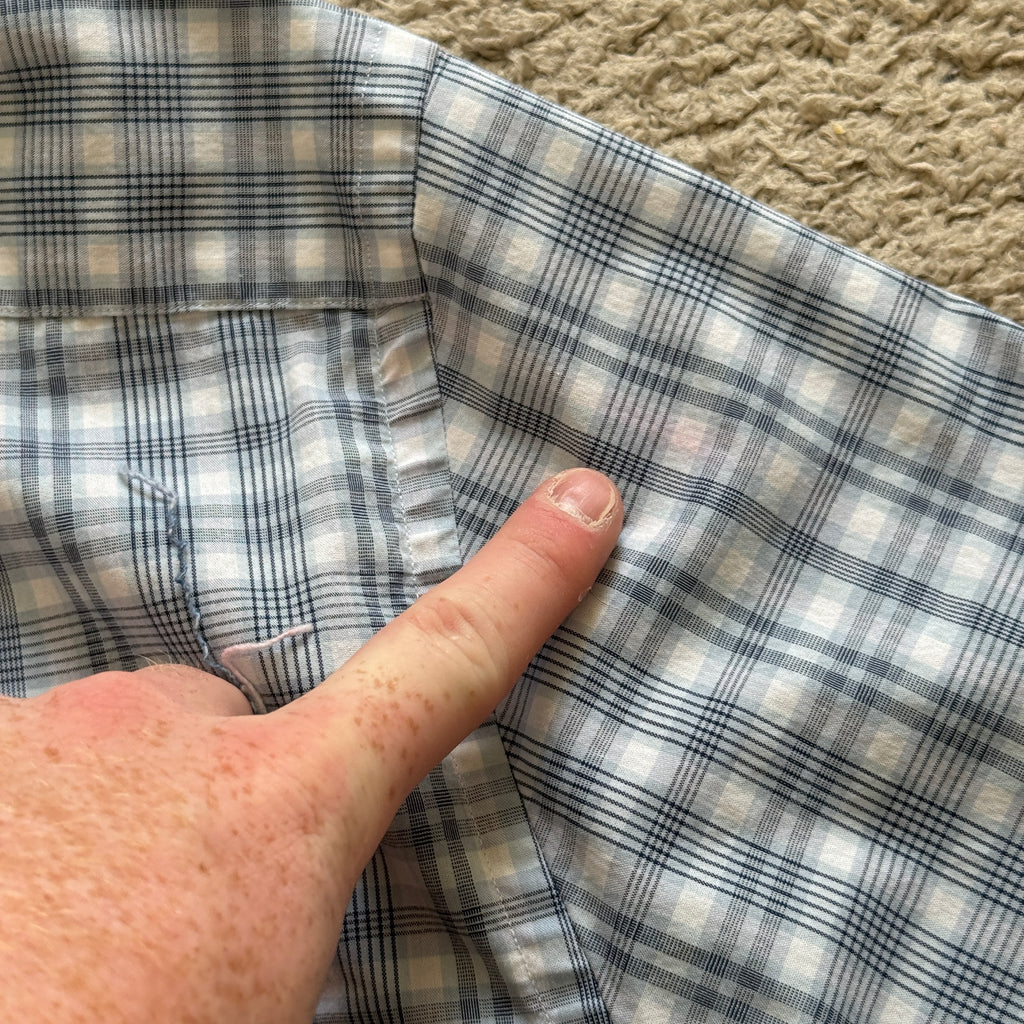 "Your Cross" Boxy Cropped Short Sleeve Lightweight Flannel Blue Plaid - L