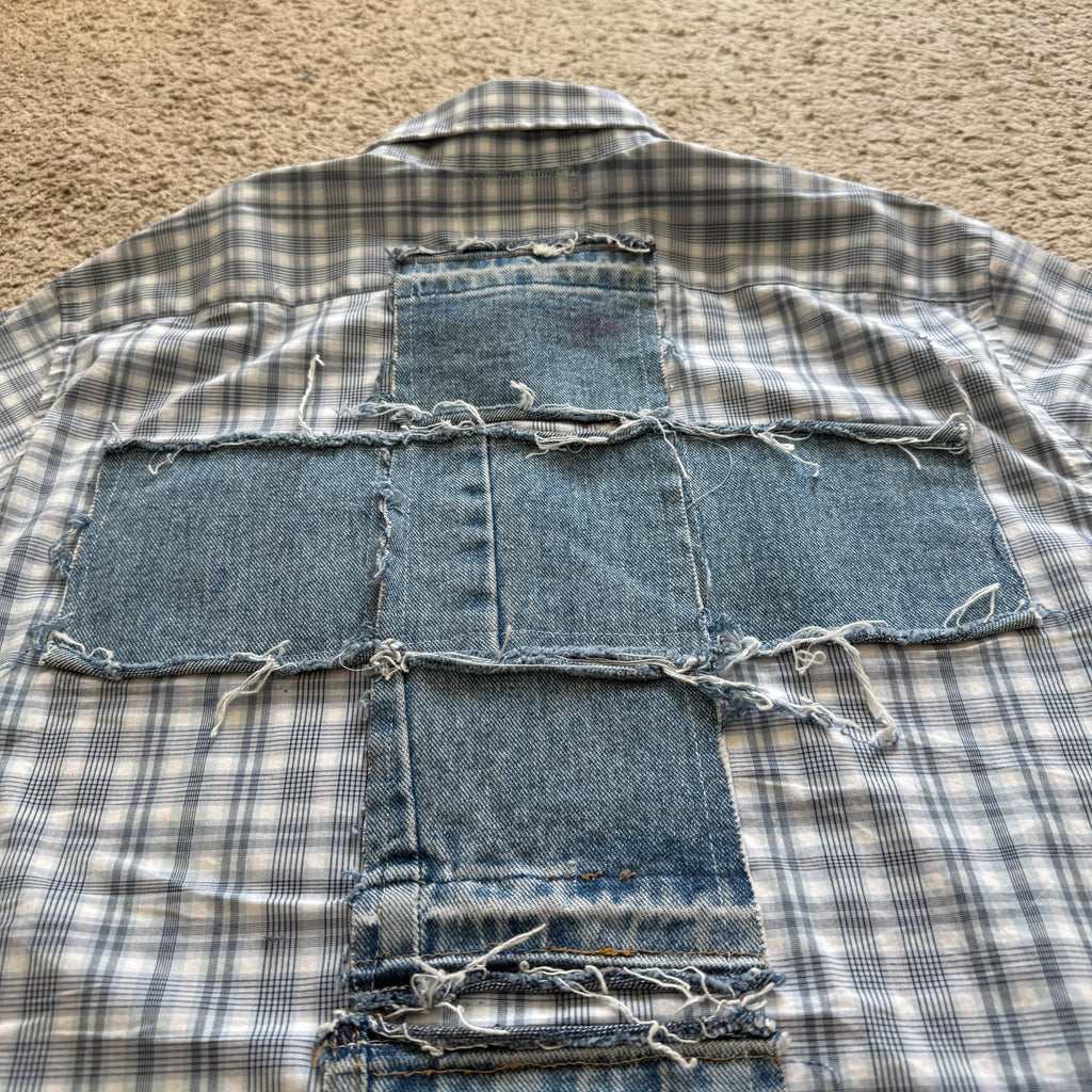 "Your Cross" Boxy Cropped Short Sleeve Lightweight Flannel Blue Plaid - L