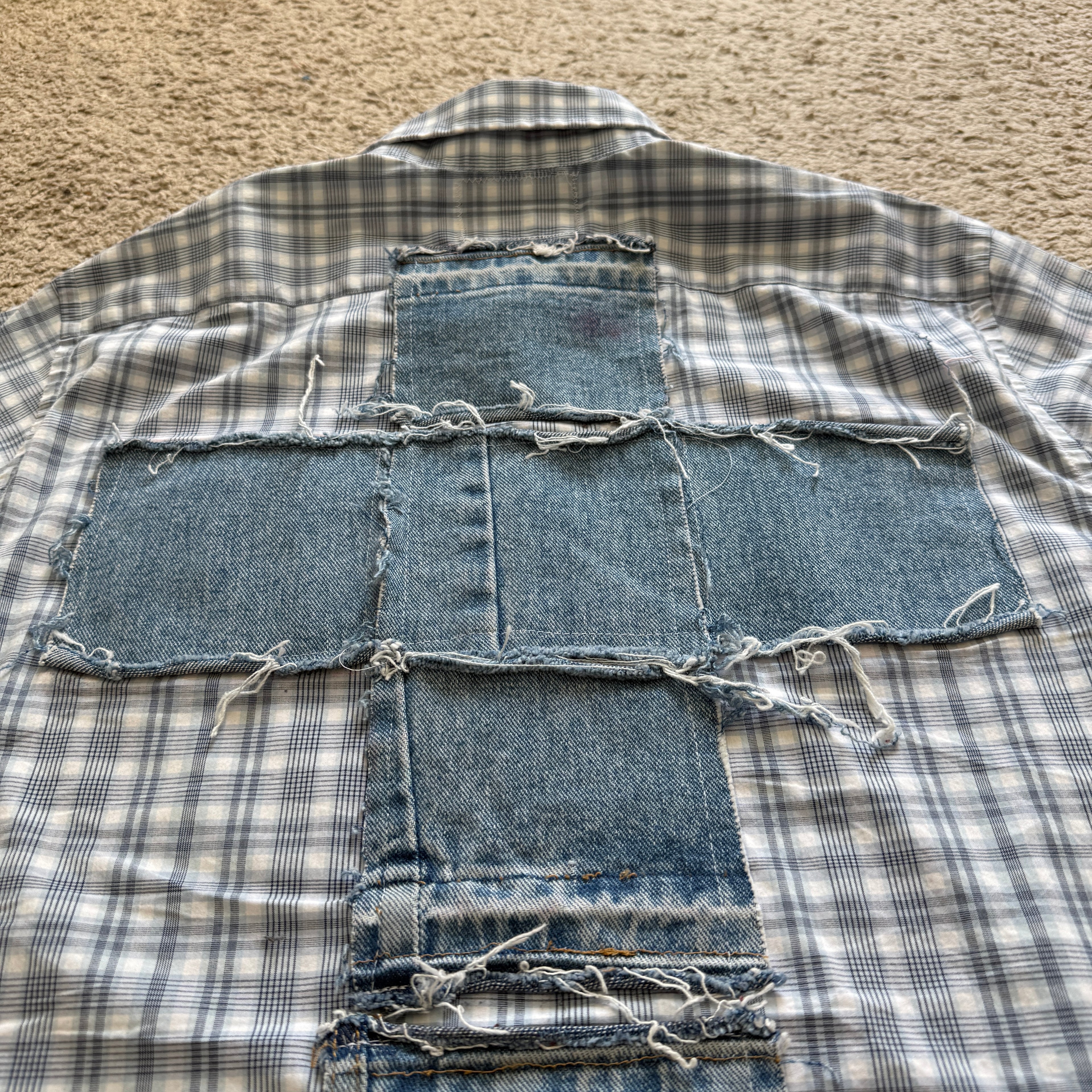 "Your Cross" Boxy Cropped Short Sleeve Lightweight Flannel Blue Plaid - L