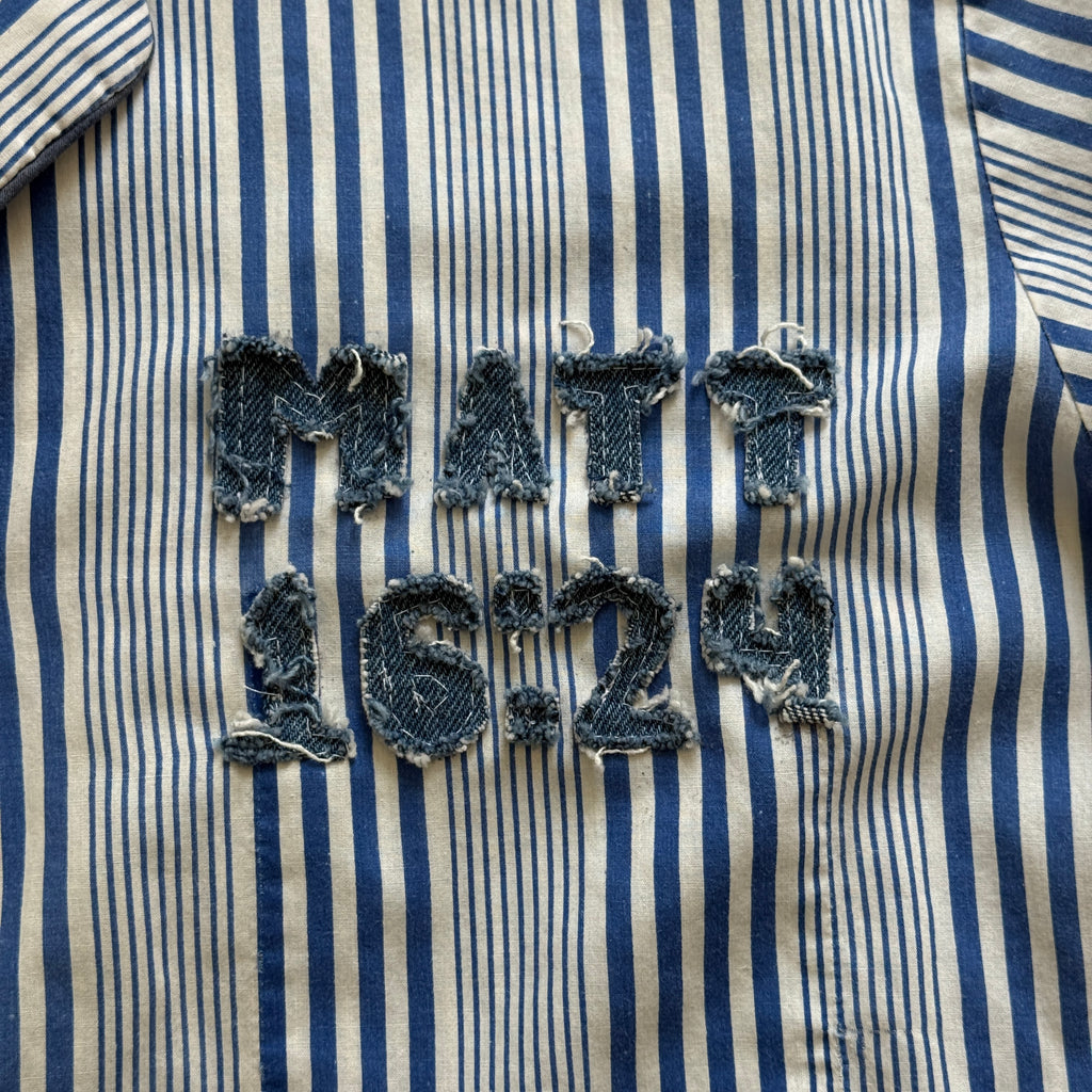 "Your Cross" Boxy Cropped Short Sleeve Lightweight Flannel Blue Stripe - L