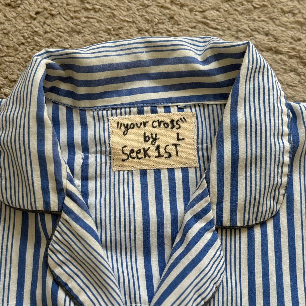 "Your Cross" Boxy Cropped Short Sleeve Lightweight Flannel Blue Stripe - L