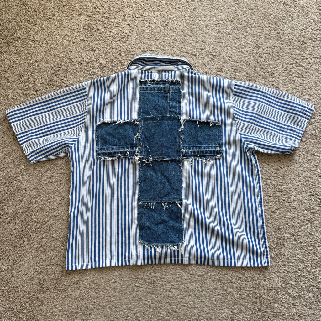 "Your Cross" Boxy Cropped Short Sleeve Lightweight Flannel Blue Stripe - L