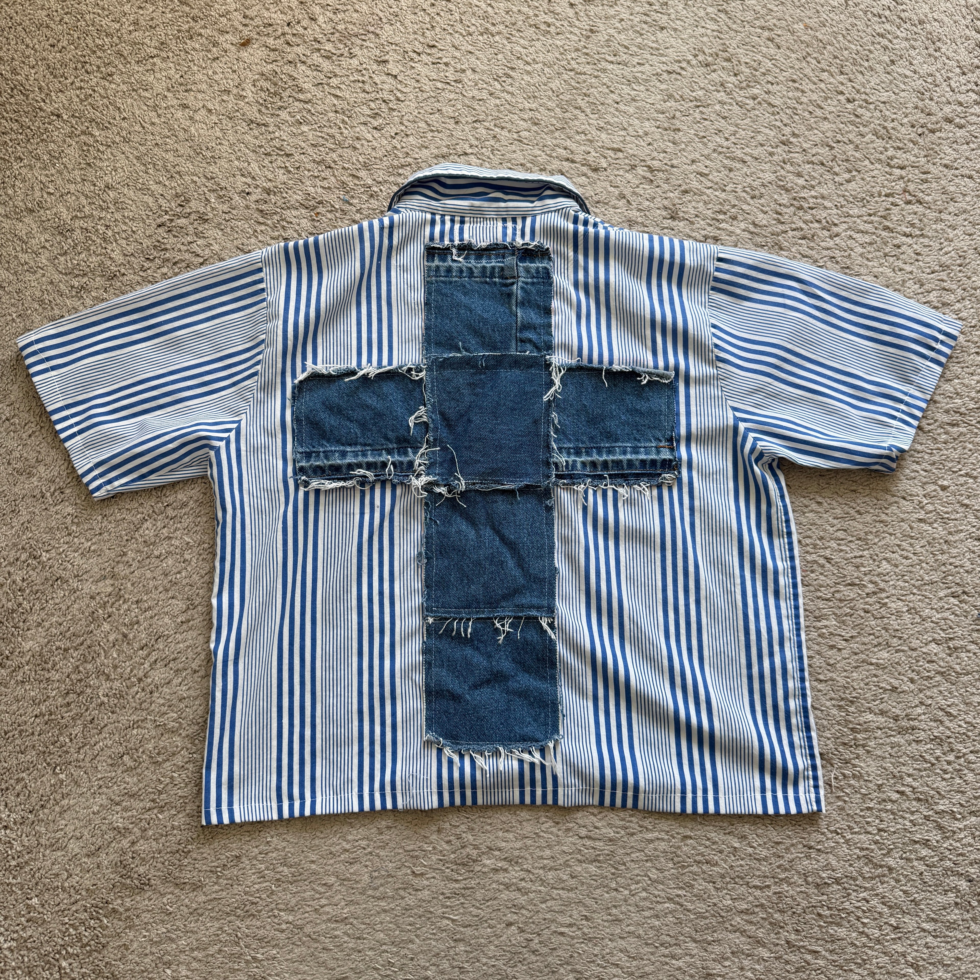 "Your Cross" Boxy Cropped Short Sleeve Lightweight Flannel Blue Stripe - L