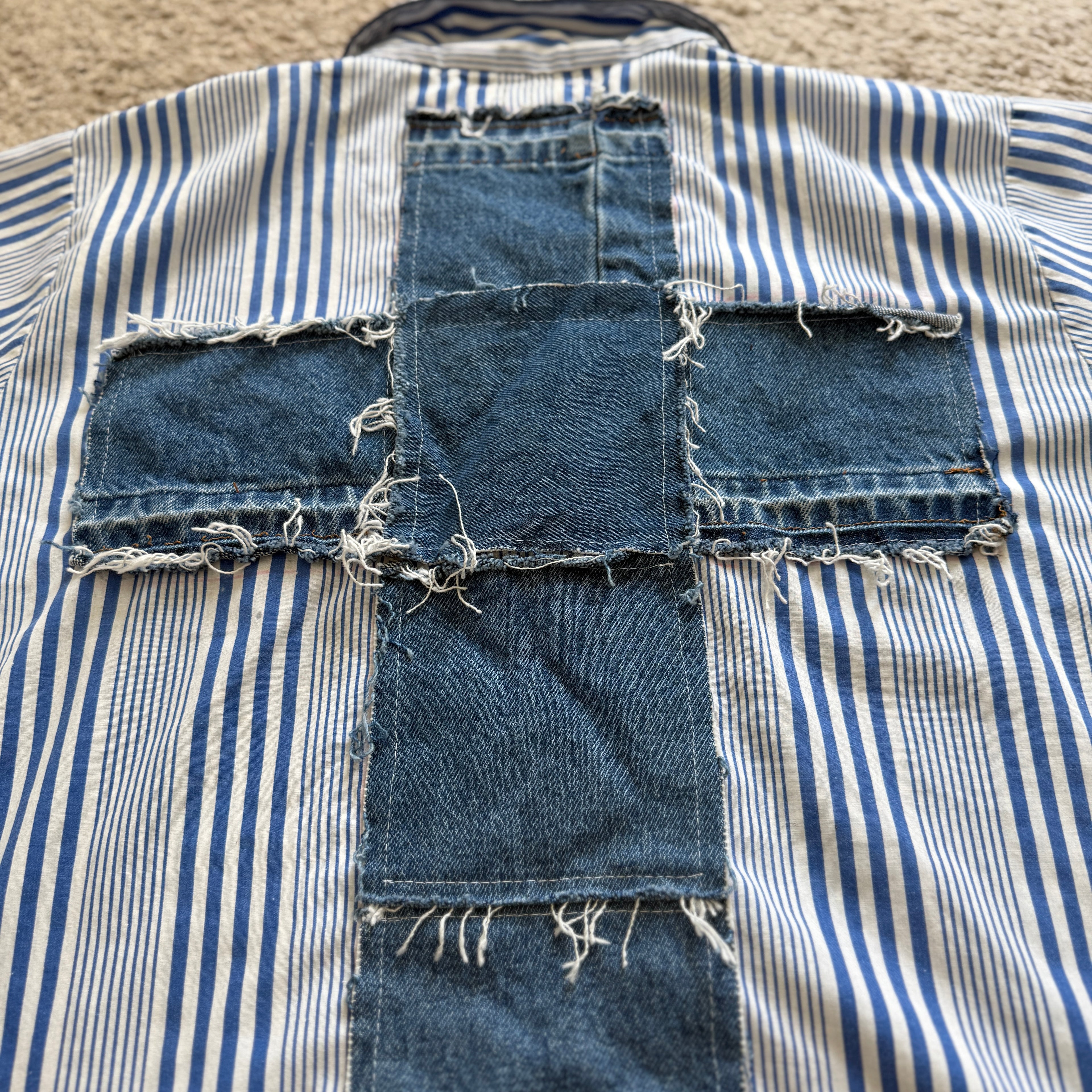 "Your Cross" Boxy Cropped Short Sleeve Lightweight Flannel Blue Stripe - L
