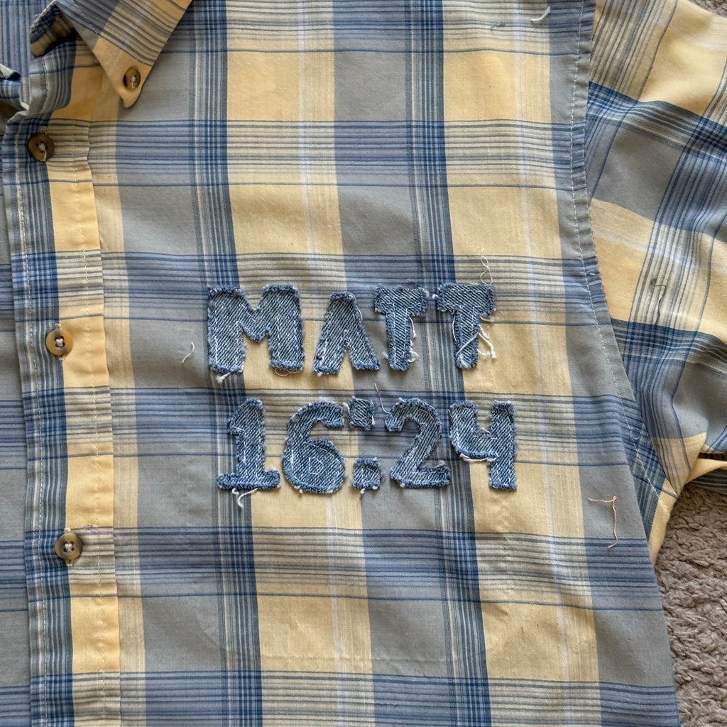 "Your Cross" Boxy Cropped Short Sleeve Lightweight Yellow and Blue Plaid - M
