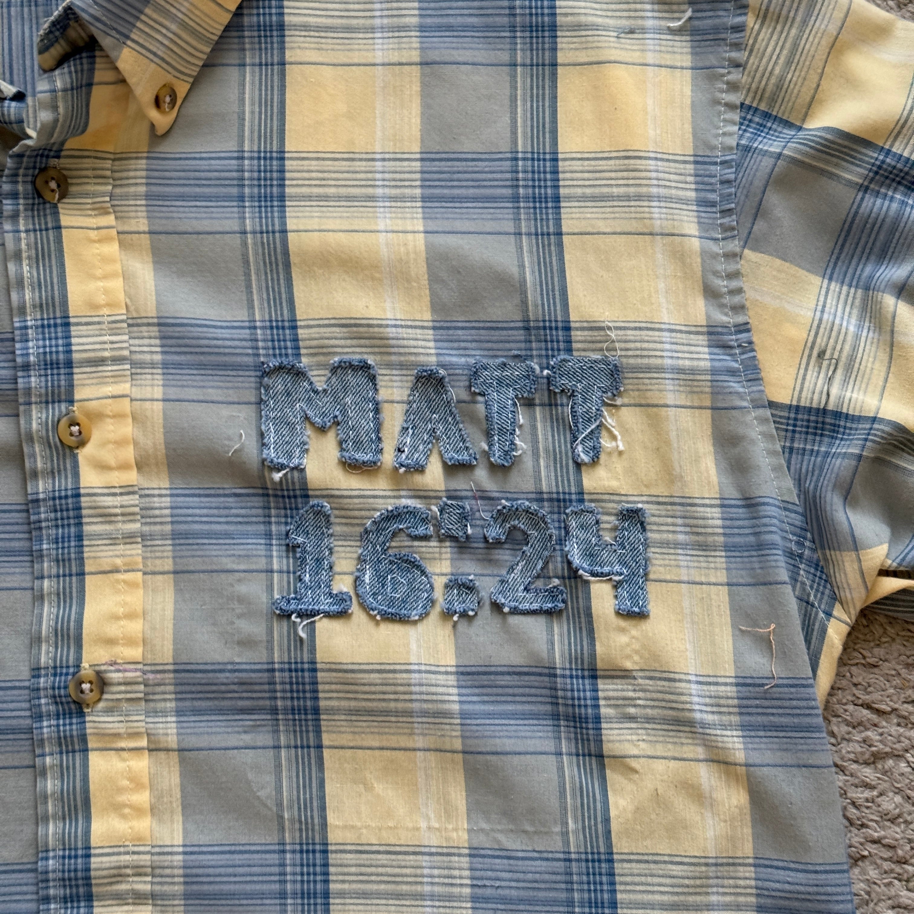 "Your Cross" Boxy Cropped Short Sleeve Lightweight Yellow and Blue Plaid - M