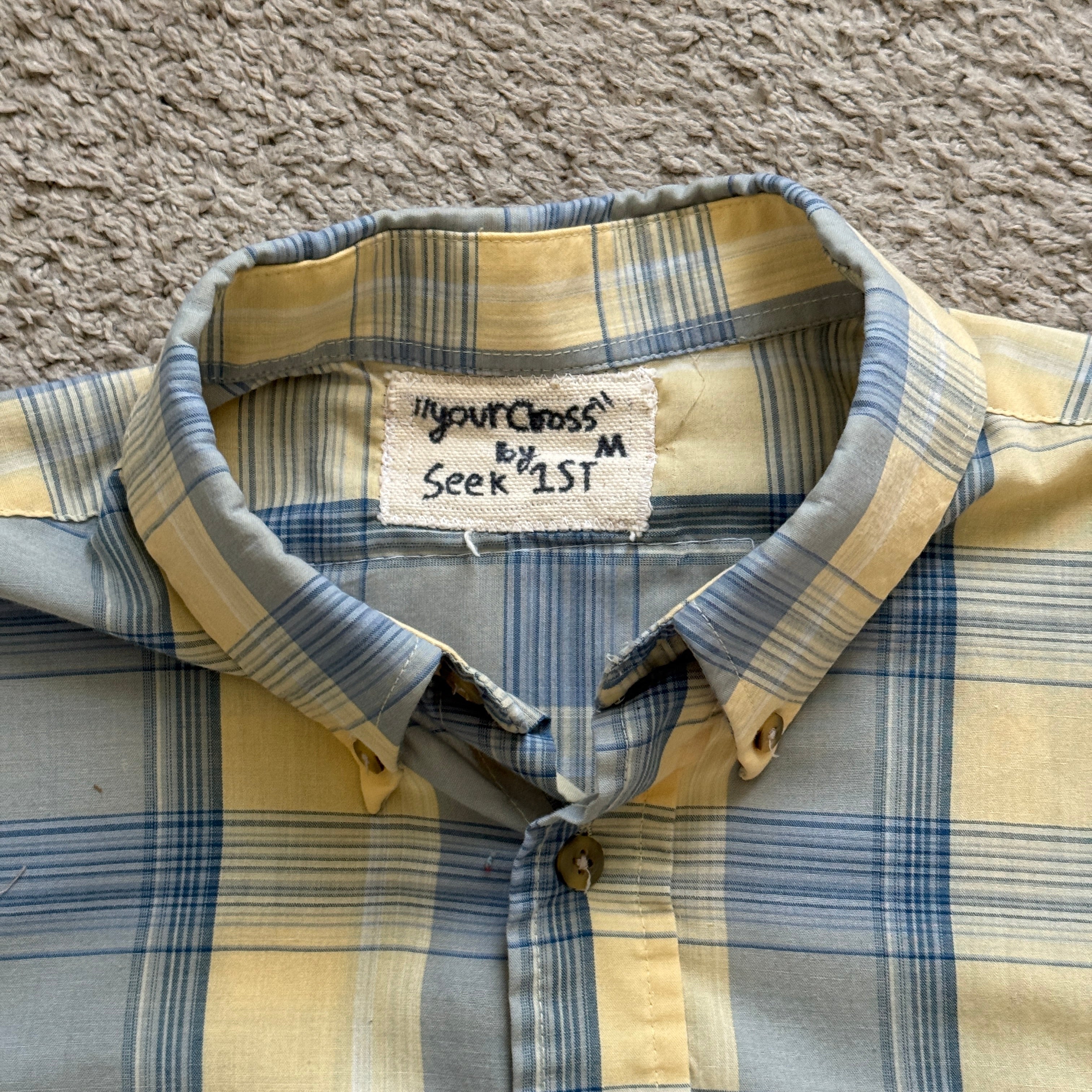 "Your Cross" Boxy Cropped Short Sleeve Lightweight Yellow and Blue Plaid - M