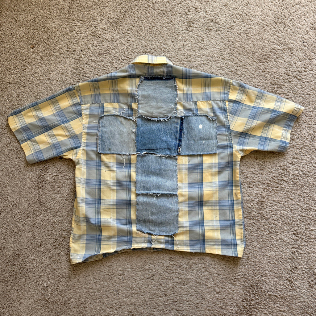 "Your Cross" Boxy Cropped Short Sleeve Lightweight Yellow and Blue Plaid - M