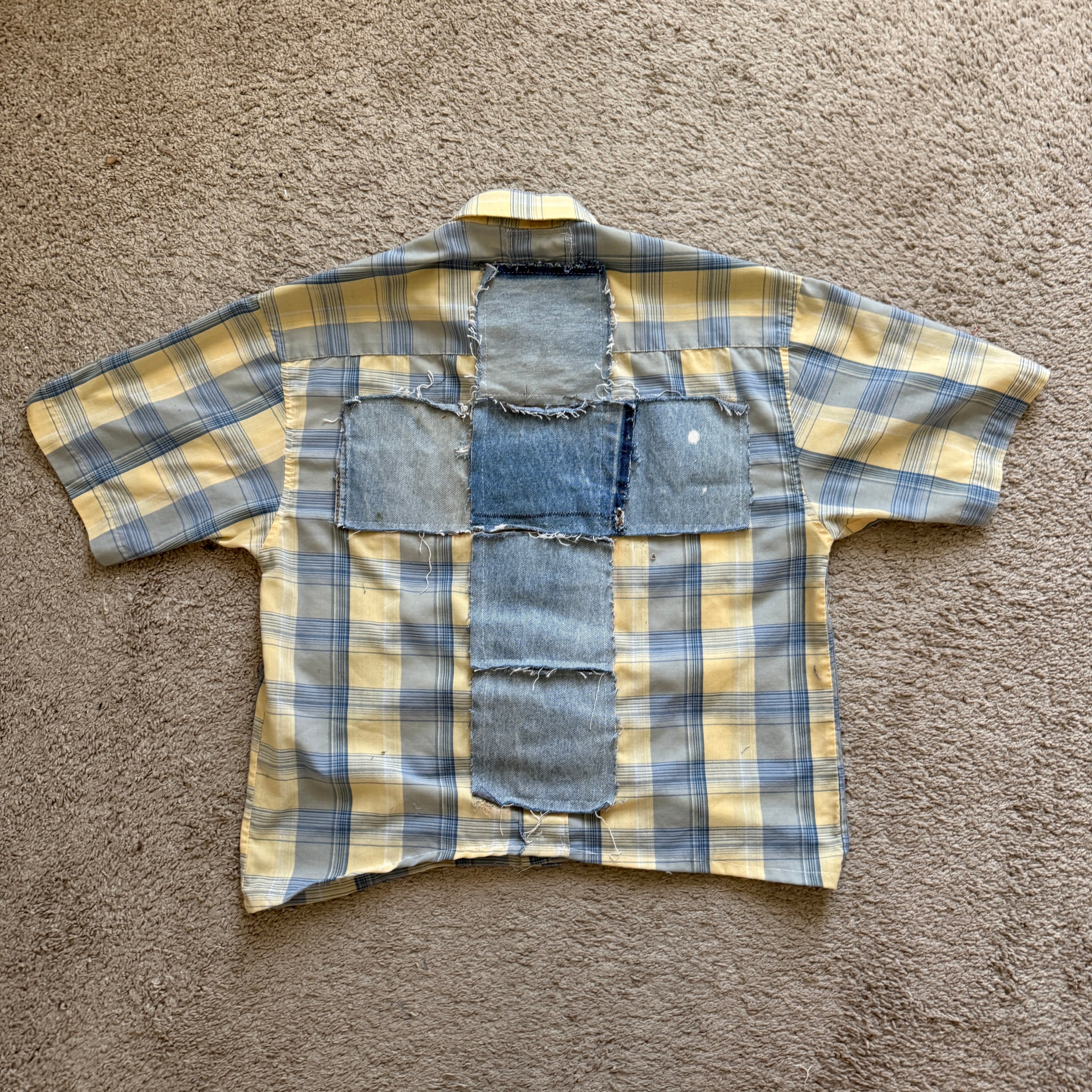 "Your Cross" Boxy Cropped Short Sleeve Lightweight Yellow and Blue Plaid - M