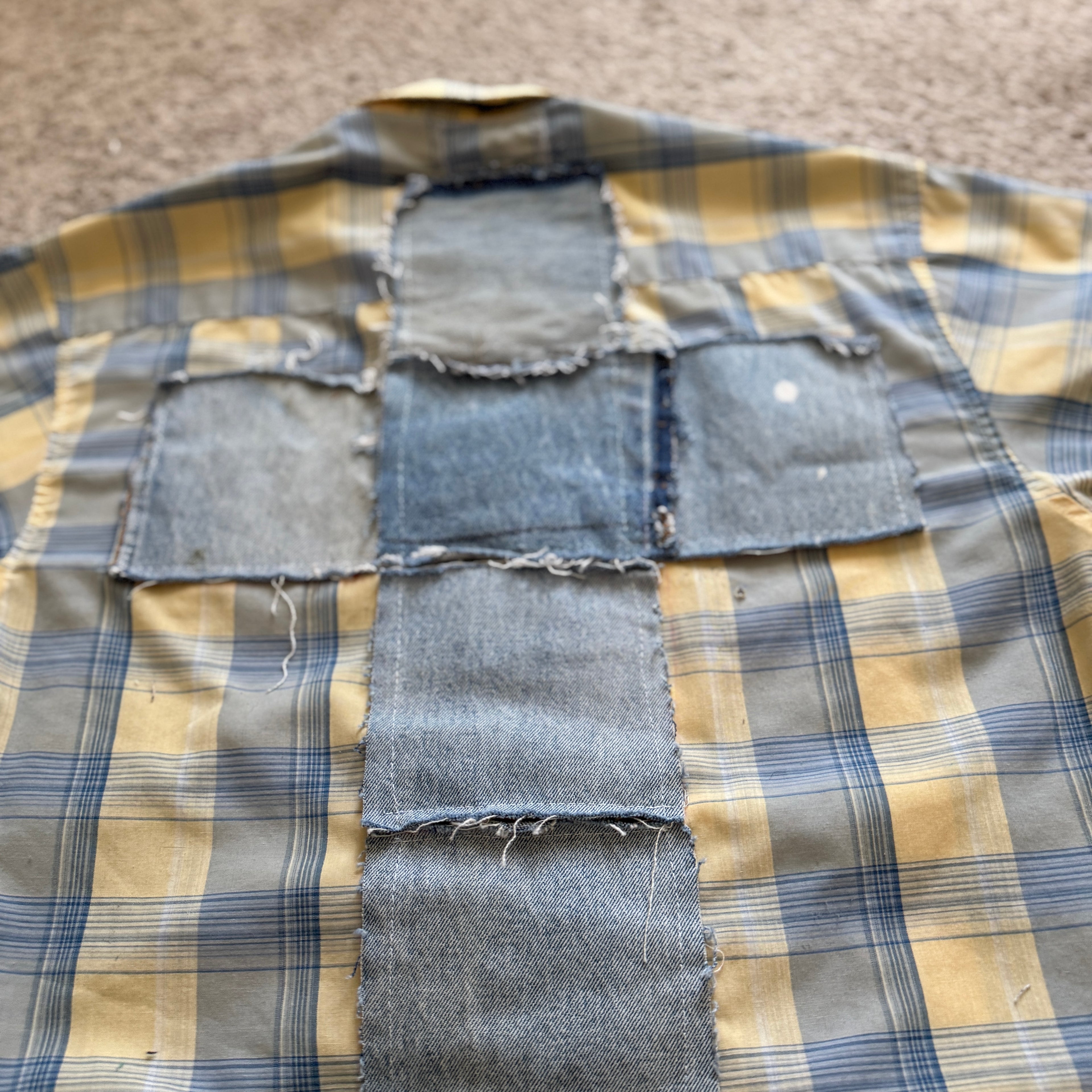 "Your Cross" Boxy Cropped Short Sleeve Lightweight Yellow and Blue Plaid - M